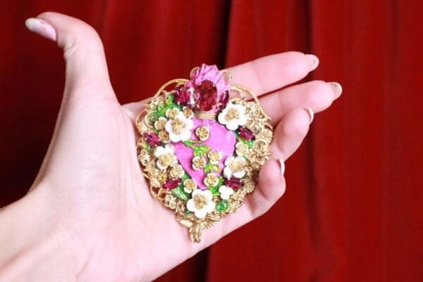 SOLD! 8256 Runway Baroque Fuchsia Sacred Heart Brooch - Image 4