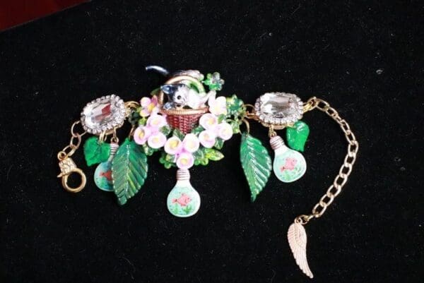 SOLD! 8269 Baroque Enamel Cat In A Basket Roses Bracelet - Image 5