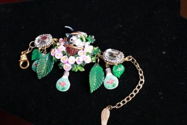 SOLD! 8269 Baroque Enamel Cat In A Basket Roses Bracelet - Image 6