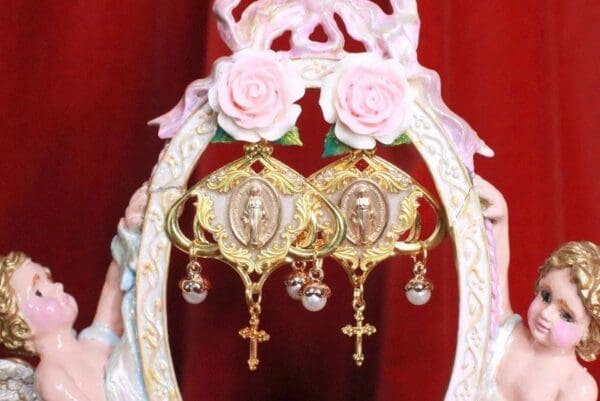 SOLD! 8270 Baroque Sacred Heart Virgin Mary Coin Rose Studs Earrings