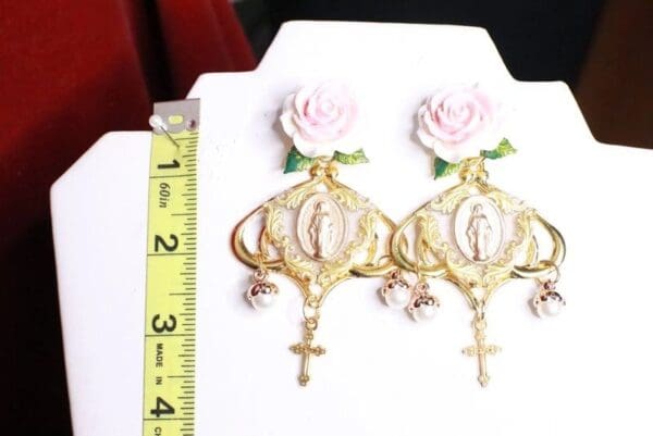 SOLD! 8270 Baroque Sacred Heart Virgin Mary Coin Rose Studs Earrings - Image 3