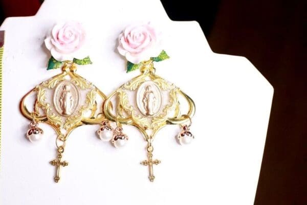 SOLD! 8270 Baroque Sacred Heart Virgin Mary Coin Rose Studs Earrings - Image 4