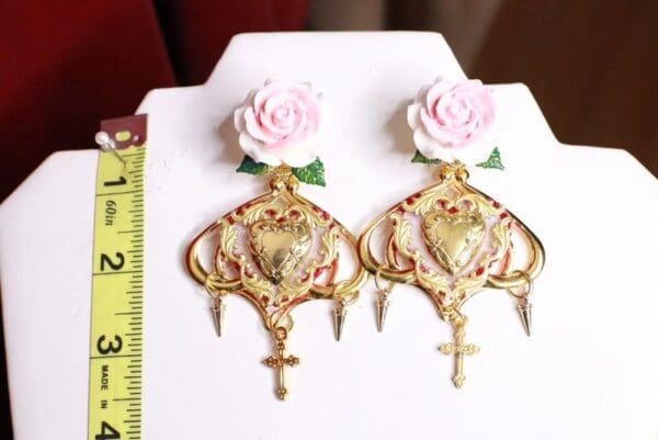 SOLD! 8271 Baroque Sacred Heart Rose Studs Earrings - Image 5
