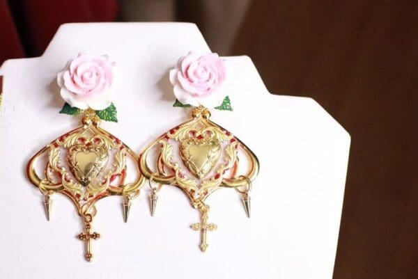 SOLD! 8271 Baroque Sacred Heart Rose Studs Earrings - Image 6