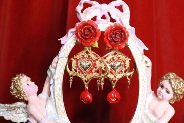 SOLD! 8272 Baroque Sacred Heart Red Rose Studs Earrings