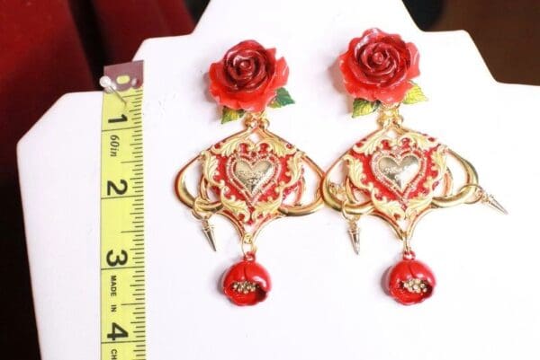 SOLD! 8272 Baroque Sacred Heart Red Rose Studs Earrings - Image 4