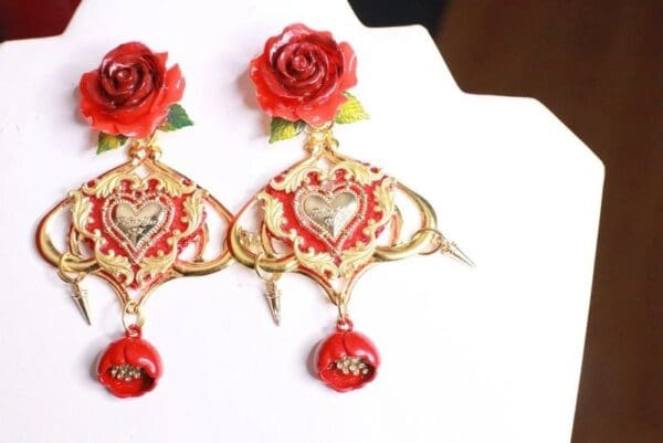 SOLD! 8272 Baroque Sacred Heart Red Rose Studs Earrings - Image 5