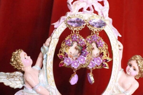 SOLD! 8275 Victorians Paintings Purple Flowers Studs Earrings