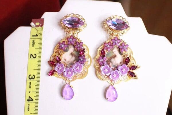 SOLD! 8275 Victorians Paintings Purple Flowers Studs Earrings - Image 5