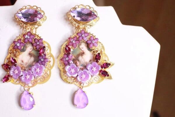 SOLD! 8275 Victorians Paintings Purple Flowers Studs Earrings - Image 3