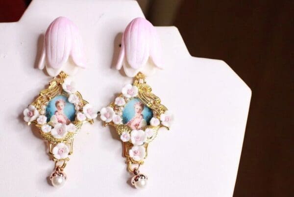 SOLD! 8278 Young Marie Antoinette Pale Tulip Cameo Elegant Earrings - Image 3