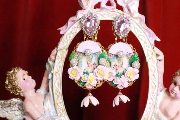 SOLD! 8279 Young Marie Antoinette Pale Flowers Cameo Elegant Earrings