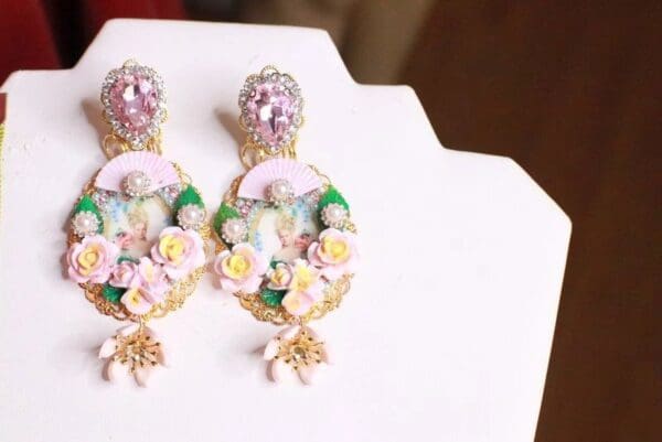 SOLD! 8279 Young Marie Antoinette Pale Flowers Cameo Elegant Earrings - Image 3