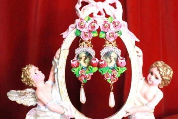 SOLD! 8280 Marie Antoinette Dark Flowers Cameo Elegant Earrings