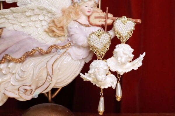 SOLD! 8283 Large Baroque Pearlish Bridal Pearl Heart Chubby Cherubs Angels Earrings - Image 2