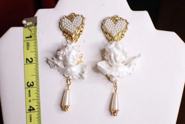 SOLD! 8283 Large Baroque Pearlish Bridal Pearl Heart Chubby Cherubs Angels Earrings - Image 7