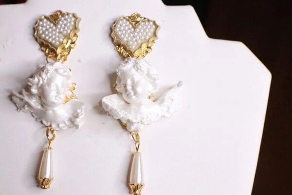 SOLD! 8283 Large Baroque Pearlish Bridal Pearl Heart Chubby Cherubs Angels Earrings - Image 4