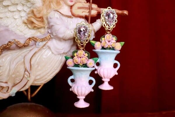 SOLD! 8284 Victorian Vase Roses Flower Earrings