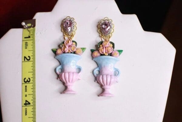 SOLD! 8284 Victorian Vase Roses Flower Earrings - Image 5