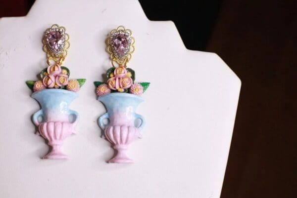 SOLD! 8284 Victorian Vase Roses Flower Earrings - Image 6