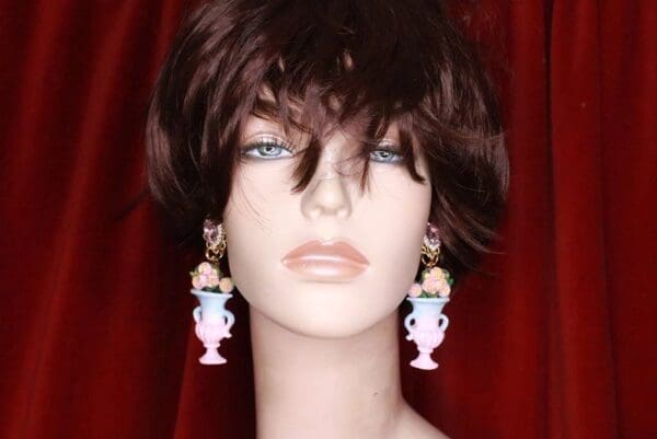 SOLD! 8284 Victorian Vase Roses Flower Earrings - Image 4