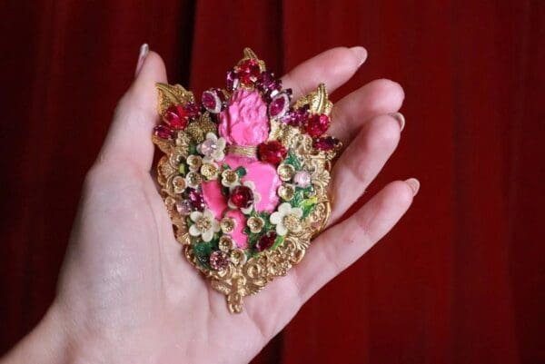SOLD! 8287 Runway Baroque Fuchsia Sacred Heart Rhinestones Brooch - Image 2
