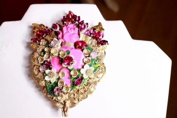 SOLD! 8287 Runway Baroque Fuchsia Sacred Heart Rhinestones Brooch - Image 4