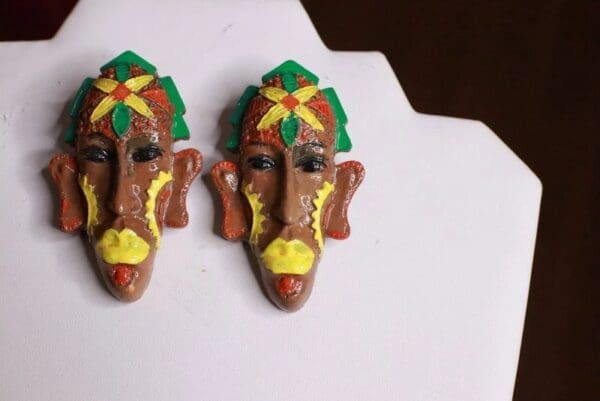 SOLD! 8291 African Revival Hand Painted Mask Unique Earrings - Image 2
