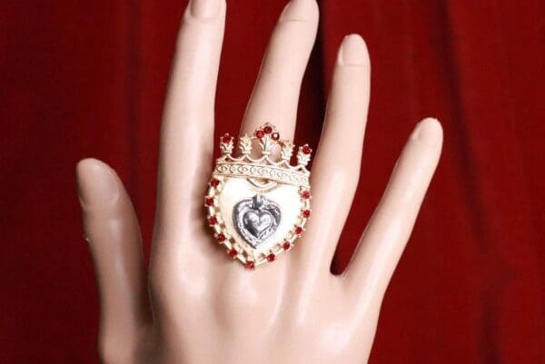SOLD! 8293 Baroque Sacred Heart Crown Cocktail Adjustable Ring