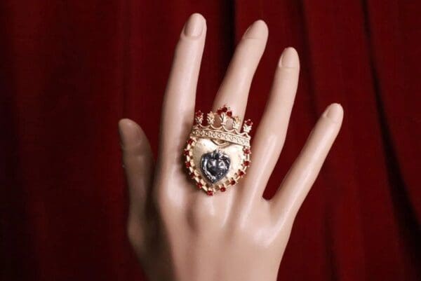 SOLD! 8293 Baroque Sacred Heart Crown Cocktail Adjustable Ring - Image 3