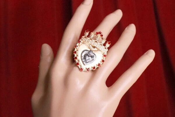 SOLD! 8293 Baroque Sacred Heart Crown Cocktail Adjustable Ring - Image 4