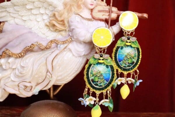 SOLD! 8309 Italian Taormina Cameo Enamel Bee Lemon Fruit Studs Earrings