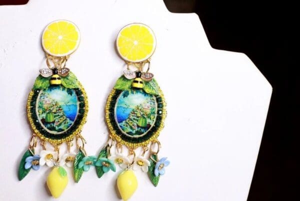 SOLD! 8309 Italian Taormina Cameo Enamel Bee Lemon Fruit Studs Earrings - Image 4