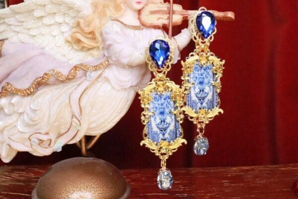 SOLD! 8311 Baroque Sicilian Tile Blue Vase Long Earrings