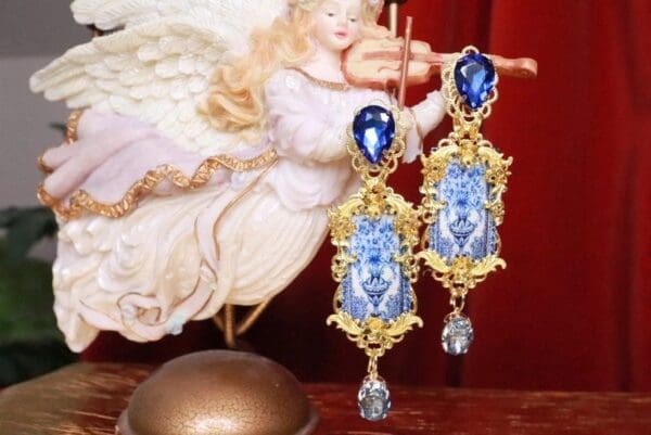 SOLD! 8311 Baroque Sicilian Tile Blue Vase Long Earrings - Image 5