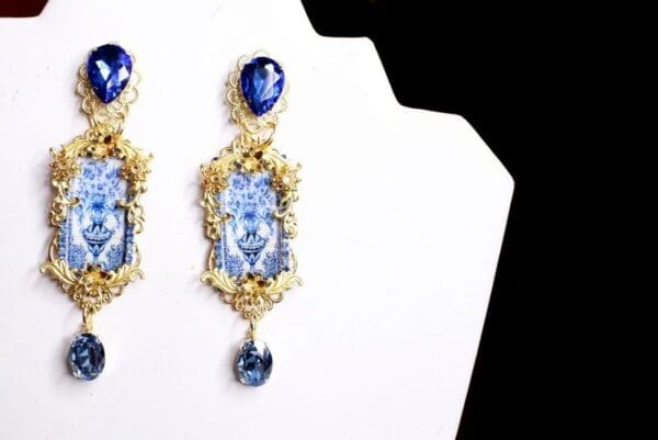 SOLD! 8311 Baroque Sicilian Tile Blue Vase Long Earrings - Image 2