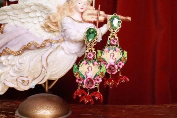 SOLD! 8313 Young Marie Antoinette Dark Flowers Cameo Elegant Earrings - Image 2