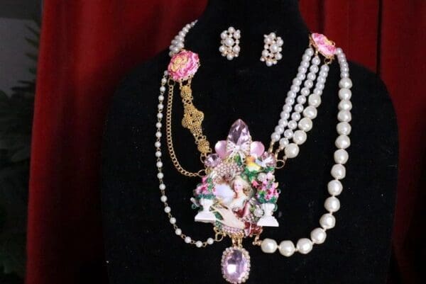 SOLD! 8314 Set Of Marie Antoinette Hand Painted Garden Necklace+ Earrings