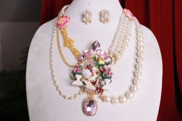 SOLD! 8314 Set Of Marie Antoinette Hand Painted Garden Necklace+ Earrings - Image 3