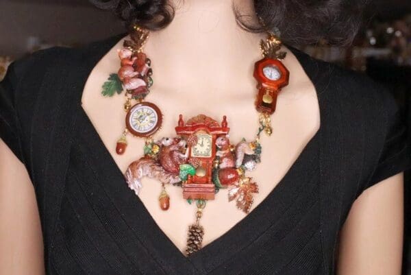 SOLD! 8315 Set Of Art Jewelry 3D Effect Squirrel Clock Oak Necklace+ Earrings - Image 4