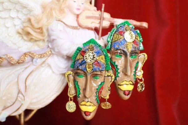 SOLD! 8317 African Revival Hand Painted Mask Yellow Lips Unique Earrings - Image 2