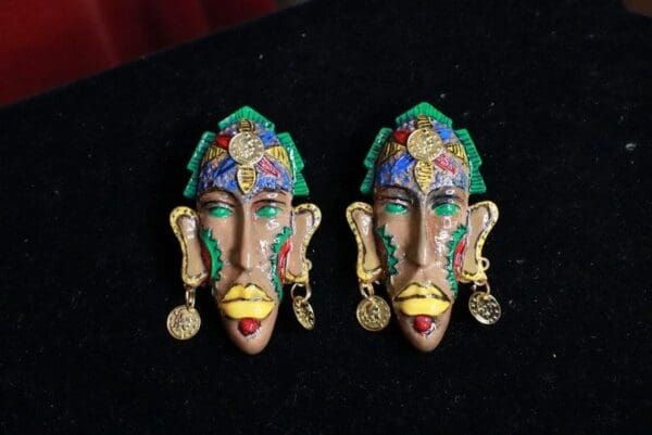 SOLD! 8317 African Revival Hand Painted Mask Yellow Lips Unique Earrings