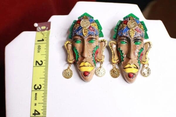SOLD! 8317 African Revival Hand Painted Mask Yellow Lips Unique Earrings - Image 6