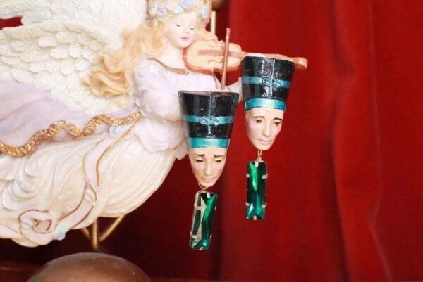 SOLD! 8318 Egyptian Revival Green Rhinestone Cleopatra Earrings - Image 3