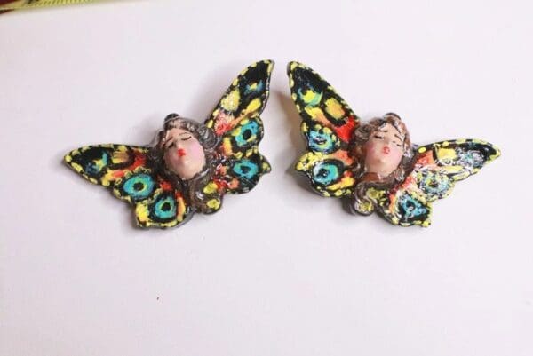 SOLD! 8321 Art Nouveau Lady Butterfly Hand Painted Light Weight Earrings - Image 2