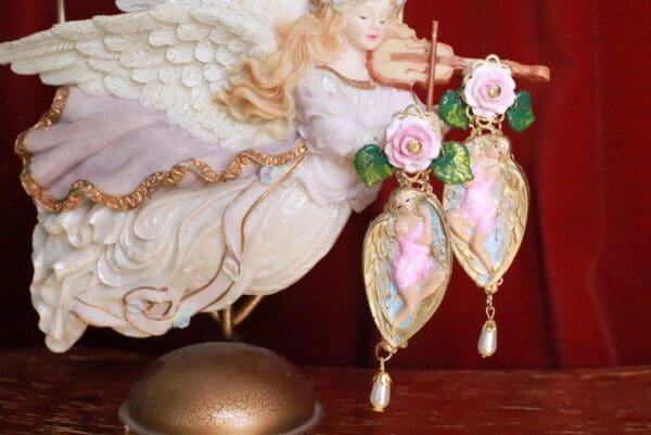SOLD! 8322 Baroque Winged Goddess Roses Light Weight Studs Earrings - Image 2