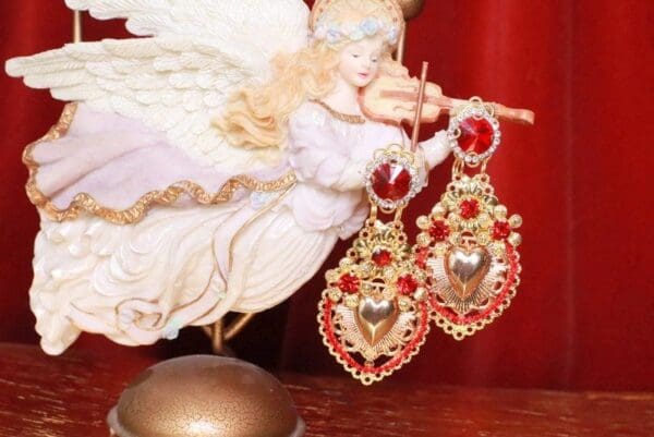 SOLD! 8337 Baroque Sacred Heart Red Light Weight Earrings