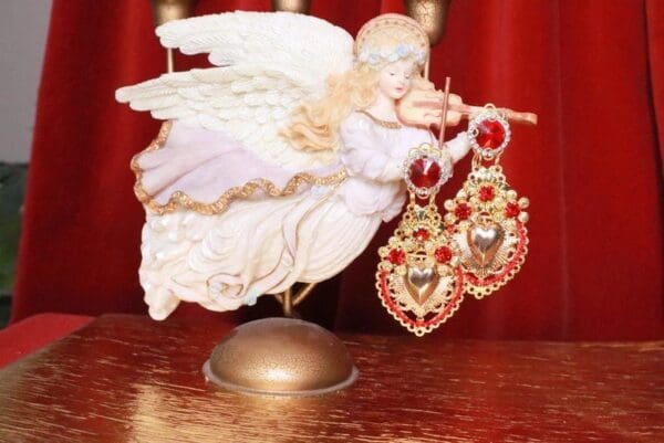 SOLD! 8337 Baroque Sacred Heart Red Light Weight Earrings - Image 2