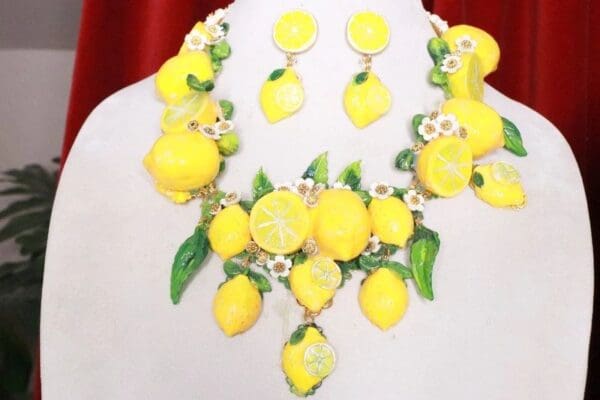 SOLD! 8341 Set Of Baroque 3D Effect Lemon Fruit Bee Statement Necklace+ Earrings