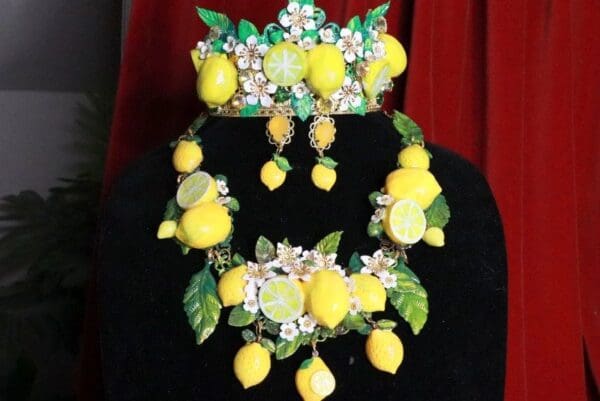 SOLD! 8358 Set Of Baroque 3D Effect Lemon Fruit Bee Statement Necklace+ Earrings